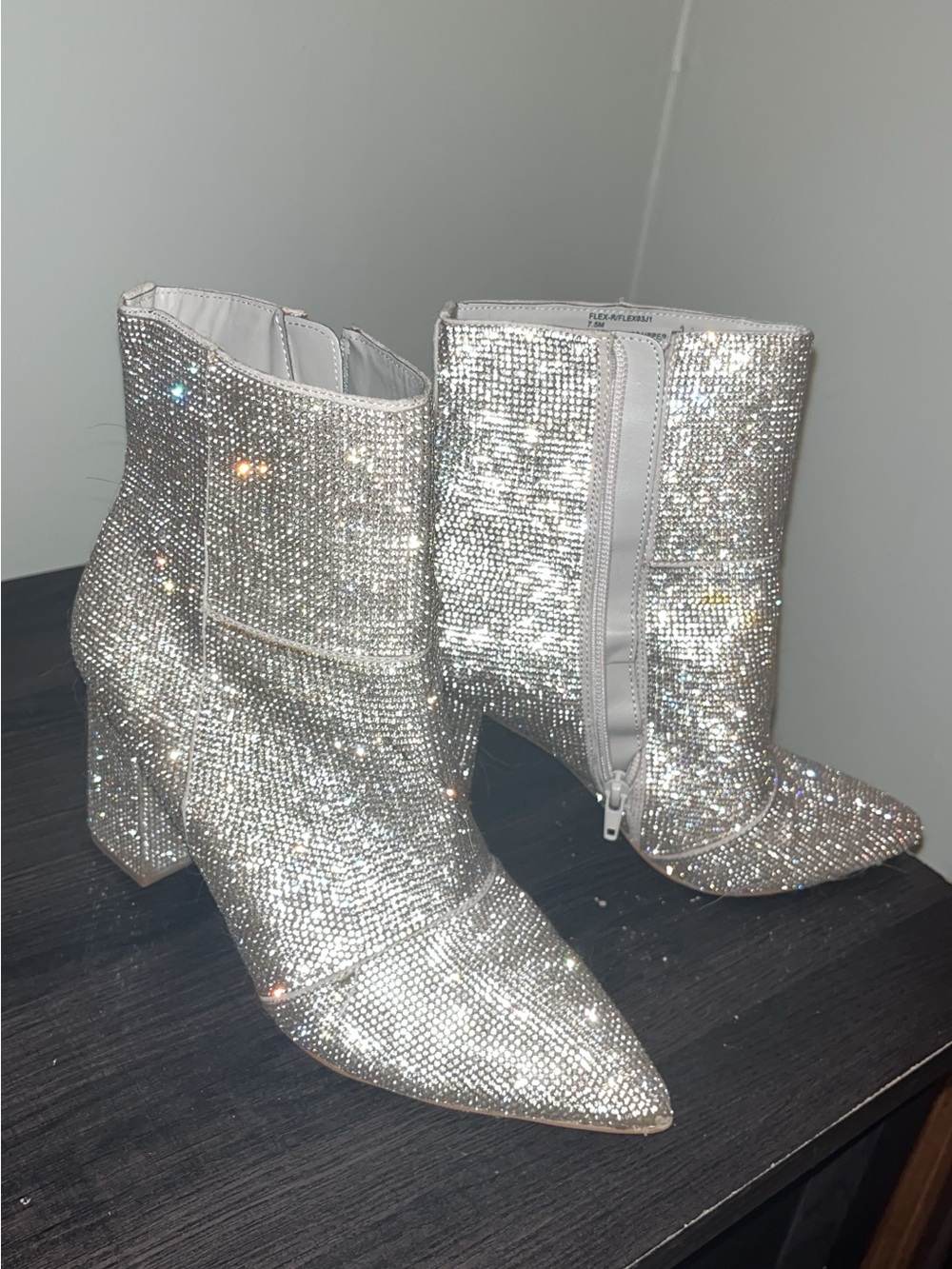 Madden Girl Silver Crystal Pointed Block Heel Booties